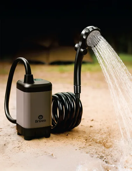 Ducha portátil gris con batería 6000mAh, flujo 7L/min.