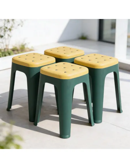 Banquito Deco - Apilable, estilo capitone - 29x29x46 cm - VERDE/MAIZ