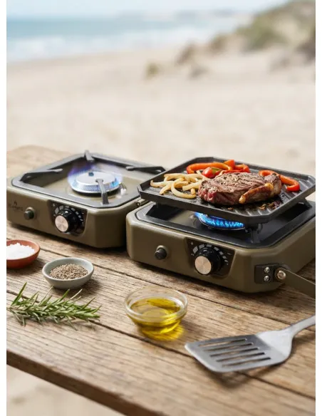 Cocina Doble FLAMATE - Gas Portatil - Plegable - c/ plancha BEIGE