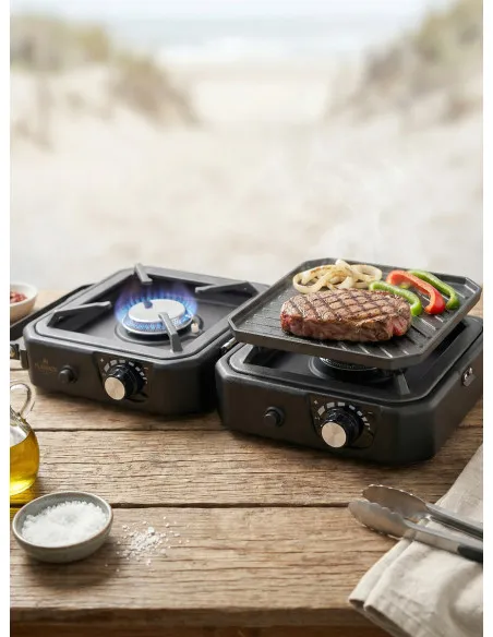 Cocina Doble FLAMATE - Gas Portatil - Plegable - c/ plancha NEGRO